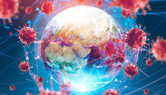 Asian flu ncov coronavirus over Earth background and its blurry hologram. Concept of cure search and spreading disease. 3d rendering toned image. Elements of this image furnished by NASA