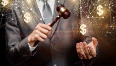 illustration of a person with a gavel and digitally connected money signs.